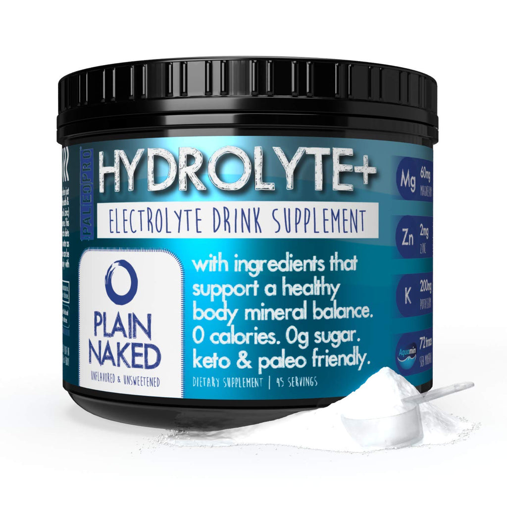 Paleo Pro HYDROLYTE+ Electrolyte Powder Drink Mix Hydration Supplement 0g Sugar 0g Carb Keto & Paleo Friendly 45 Servings No Artificial Ingredients (Plain Naked Unflavored)